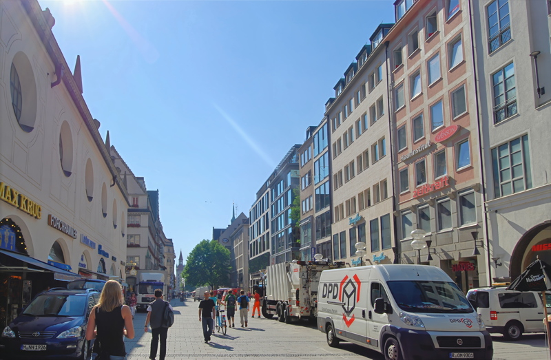 A sunny pedestrian street in Munich, Germany